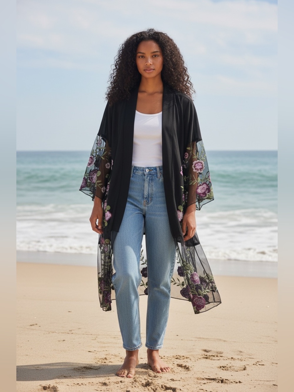 Kim & Cami Black Cardigan with Pink and Green Floral Embroidery